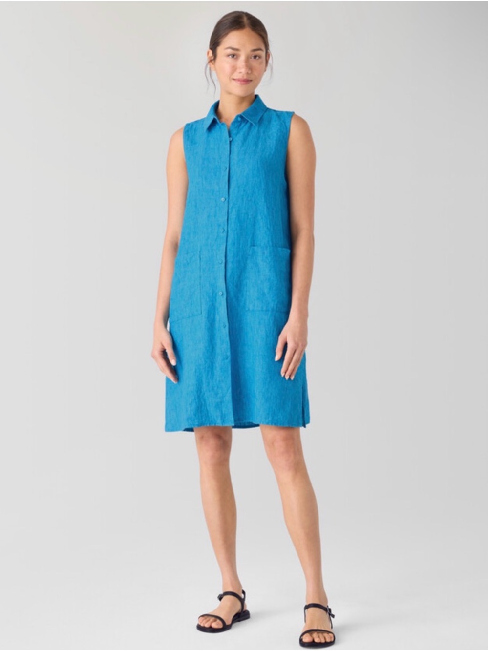 Eileen Fisher Sleeveless Button-Front linen Collared Dress in Oahu blue NWT NEW